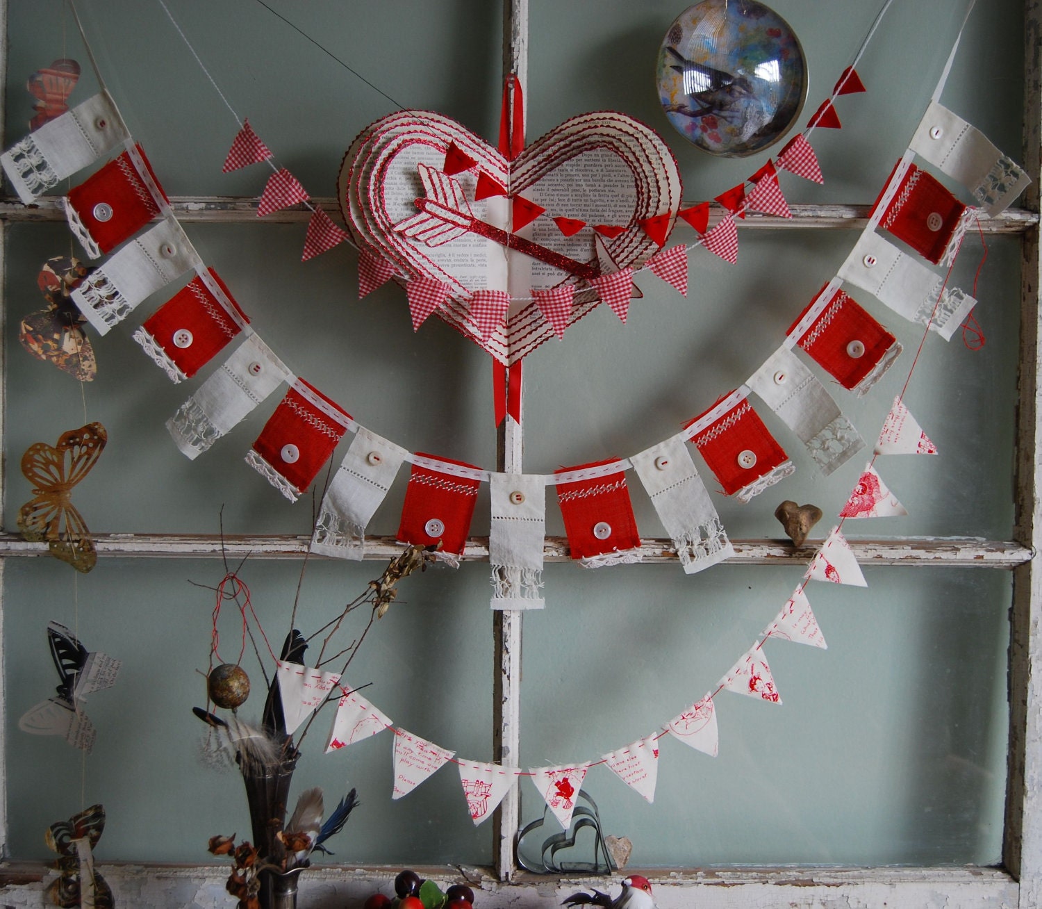 Love and Romance - Vintage Red and White Shabby Chic Wedding Banner