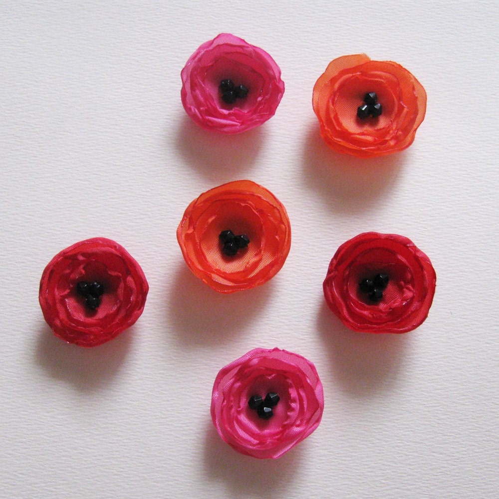 Poppy Fabric Applique - 6 Handmade Mini Poppy Flowers in Red, Orange and Fuchsia