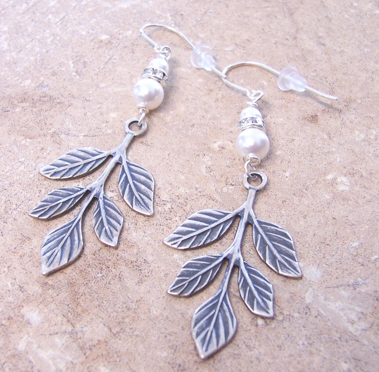 Antique Silver Leaf Earrings with Swarovski Pearls and Crystals
