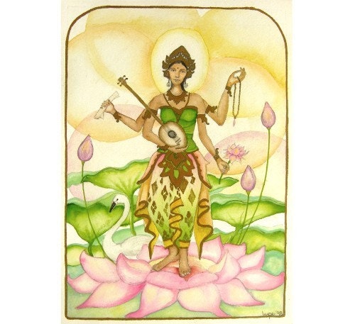 Saraswati - Fine Art Print watercolor painting - Hindu deity - pastel decor - green gold pink -  lotus flower - Goddess 5x7 print