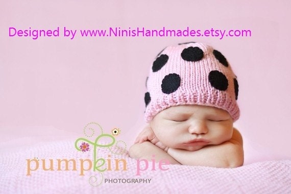PINK AND BLACK Polka Beanie- Newborn Size-For Current Turnaround time Read below Description