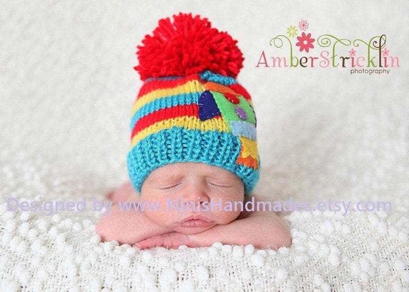 Pom Pom ROCKETSHIP Beanie- Newborn Size-For Current Turnaround time Read below Description