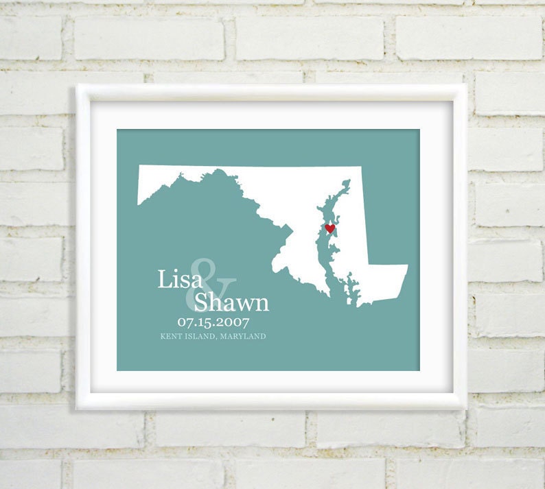 Wedding Map  : Custom Wedding Location and State Map Print - 8x10 / Maryland - Any State or Country Available