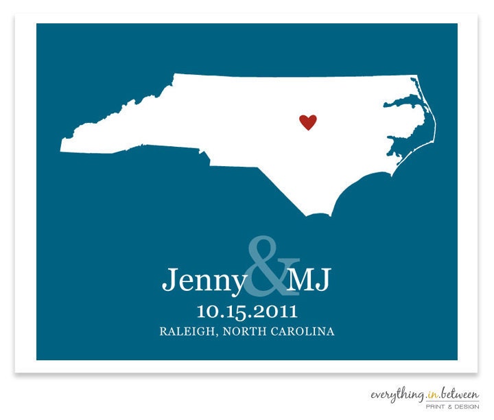 Personalized Wedding Gift : Custom Wedding Location and State Map Print - 8x10 / North Carolina - Any State or Country Available