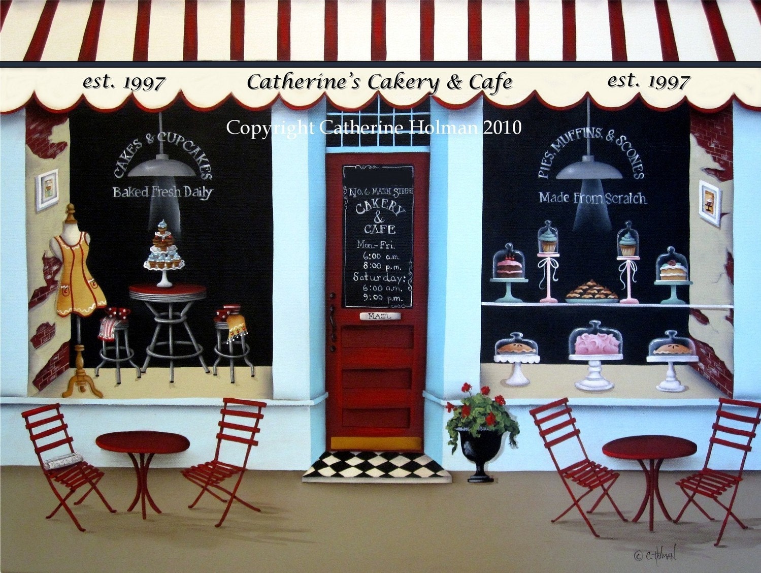 Folk Art Print Personalized Red and White Cakery and Cafe