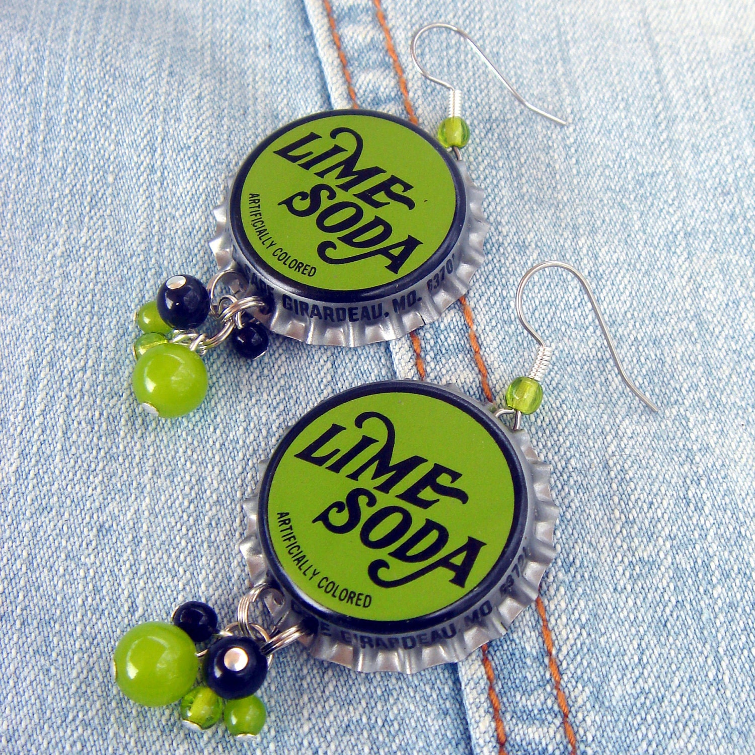 Bottlecap earrings - Lime Soda - Green and Black