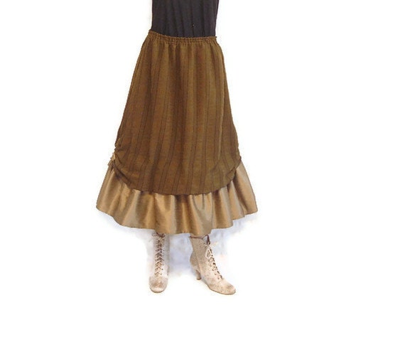 Boho Skirt Prairie Skirt Dark Olive Green Black Stripes Ruffled Elastic Waist Plus Size