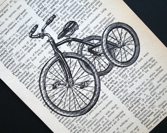 Tricycle Print on Vintage Dictionary Page - 5 x 7 Tricycle Book Page Print