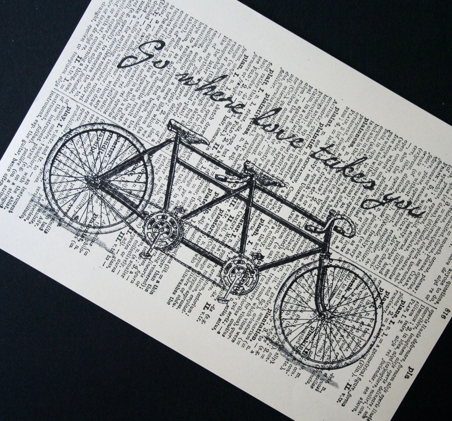 Tandem Bike Print - Vintage Latin Dictionary Page Print - 5 x7 Go where love takes you Tandem Bicycle Print - Bike Art