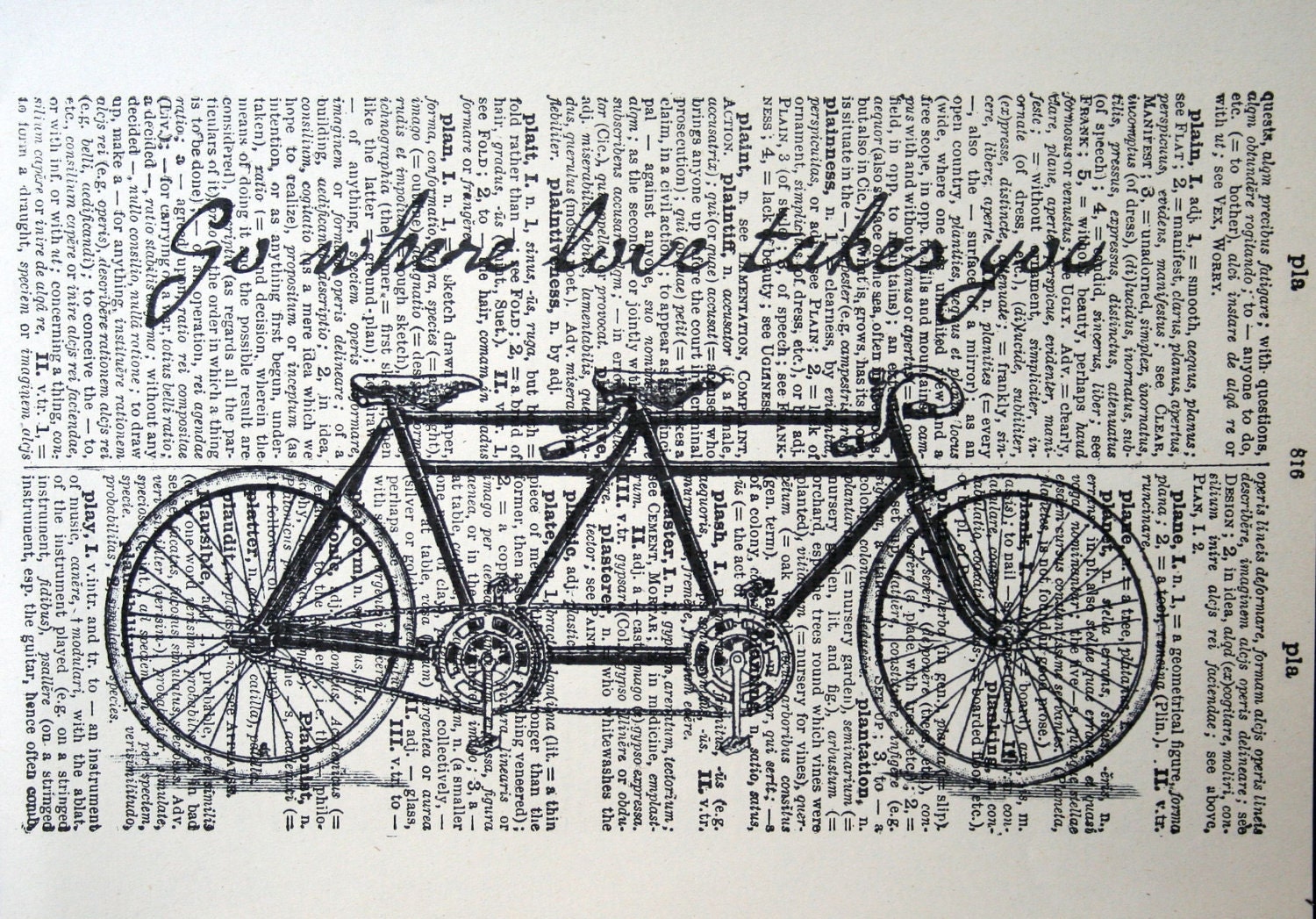 Tandem Bike Print - Vintage Latin Dictionary Page Print - 5 x7 Go where love takes you Tandem Bicycle Print - Bike Art