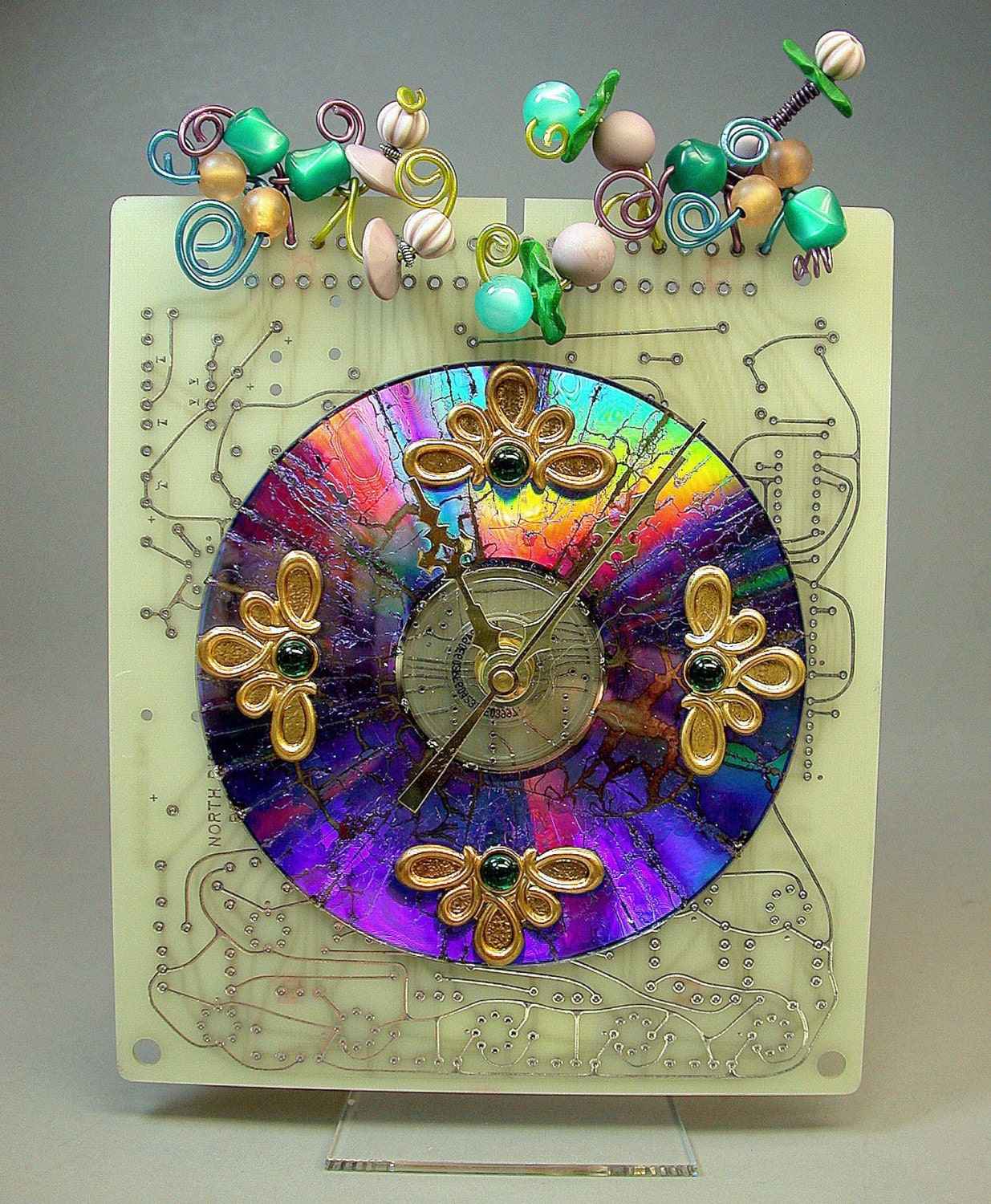 Recycled CIRCUIT BOARD Vintage Moonglow Beads Geek Desk Garden CLOCK