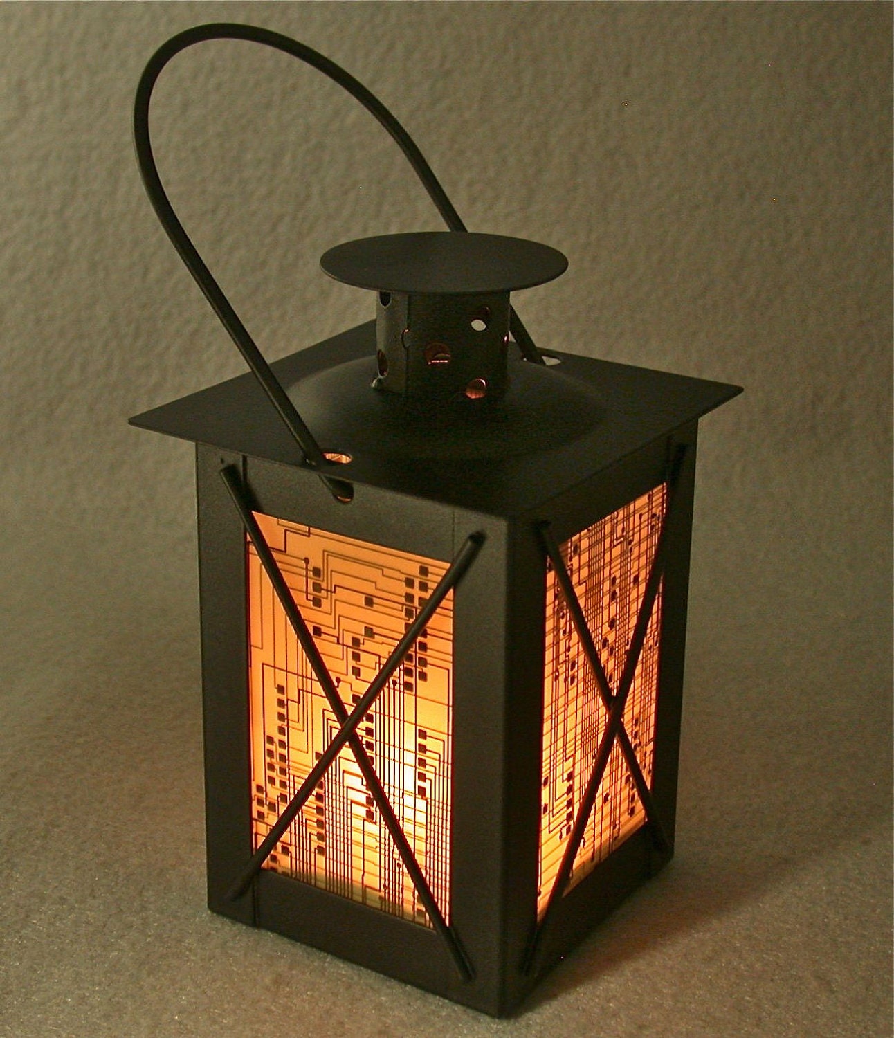 RECYCLED CIRCUIT BOARD Geek Vintage Black Metal Lantern Candle Holder