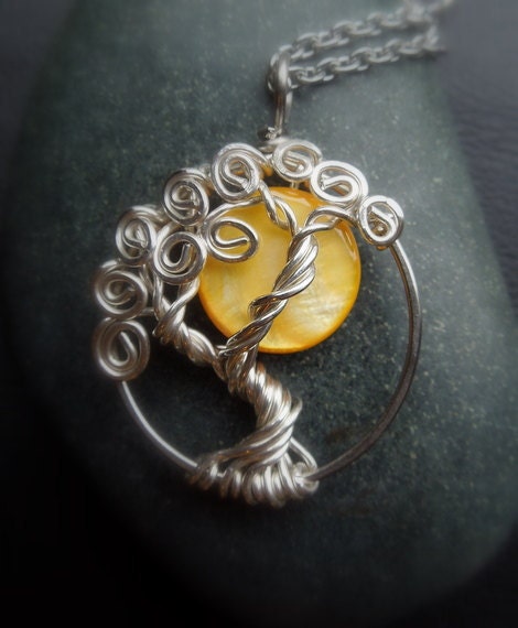 Yellow Moon Mother of Pearl Sterling Silver Tree of Life Necklace