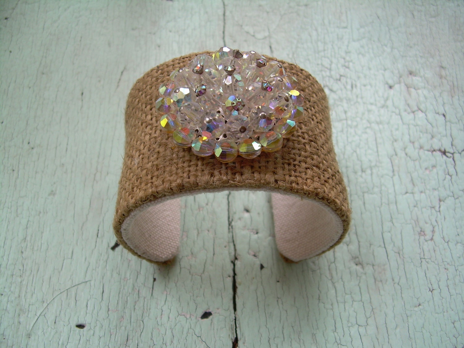 Cuff Bracelet - Vintage Burlap and Beads