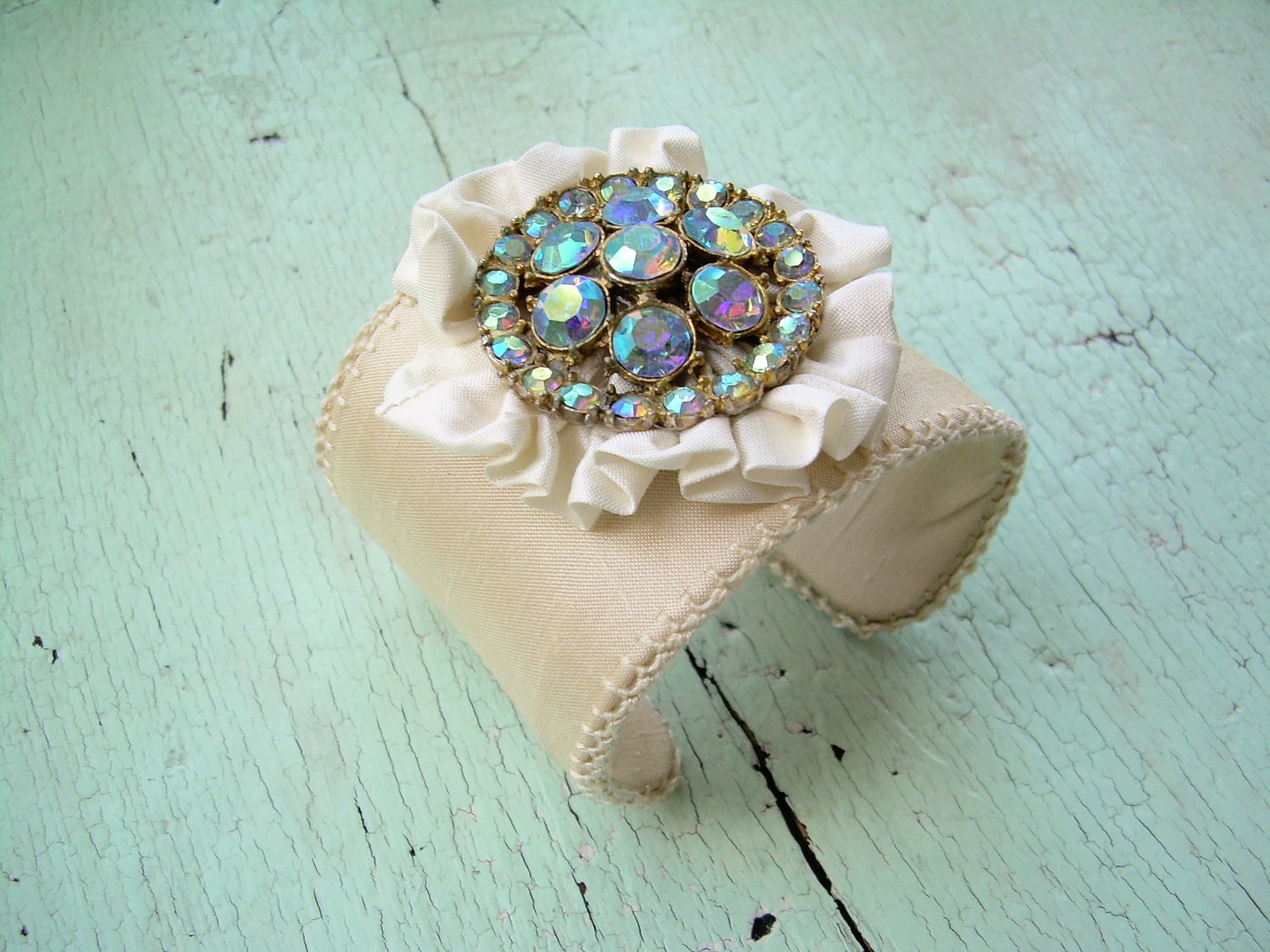 Cuff Bracelet - Silk and Rhinestones