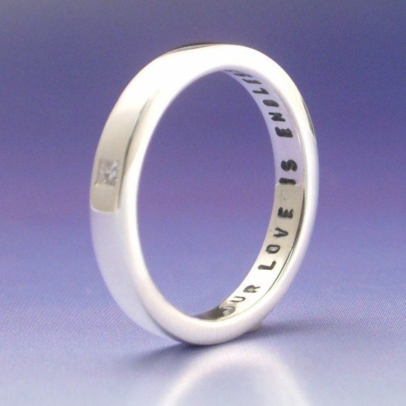 Cupid - 2mm princess diamond engagement ring. Set in sterling silver with stamped custom message inside.