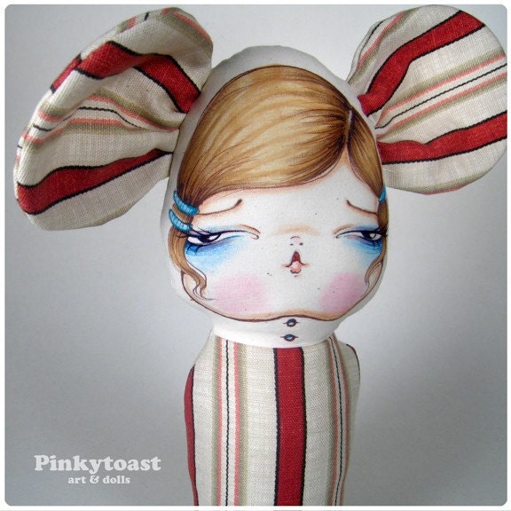 Sleepy Girl in Mouse Ears and Red Bed Ticking-Handmade Pinkytoast Art Doll