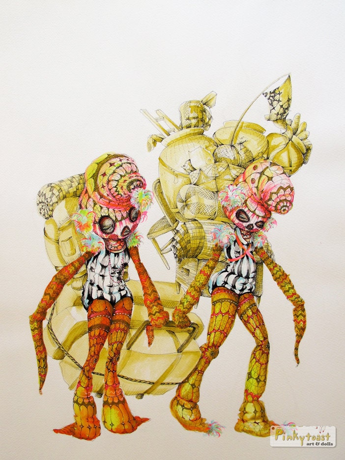 SALE-Original Painting-Take Me With You-Traveling Hobo Twins-Pinkytoast Art-18 x 24 inches