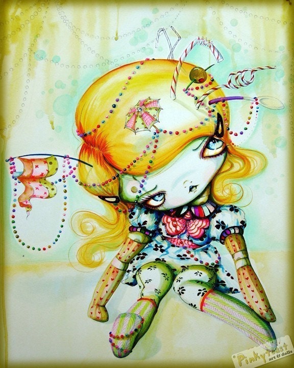 Life of the Party-Rag Doll has the Remnants of a Party in her Hair-Big Eye-Pinkytoast Art print-8x10