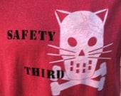 SAFETY THIRD tshirt Kitty Crossbones tshirt - MENS  heather red tshirt- S  M - L - xl