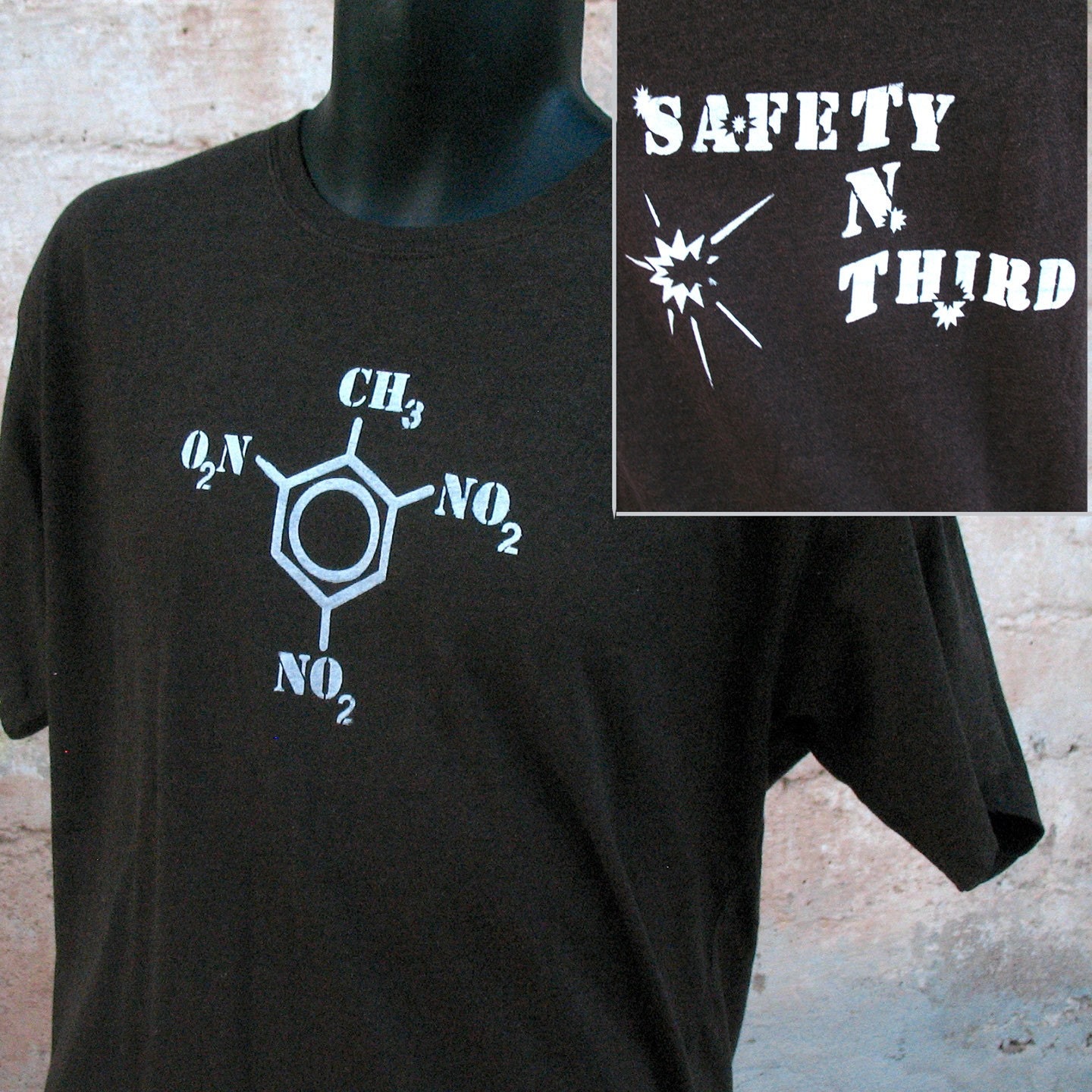 TNT Molecule SAFETY THIRD tshirt - Mens  chemistry tshirt  safety 3rd shirt handmade screenprint dynamite shirt