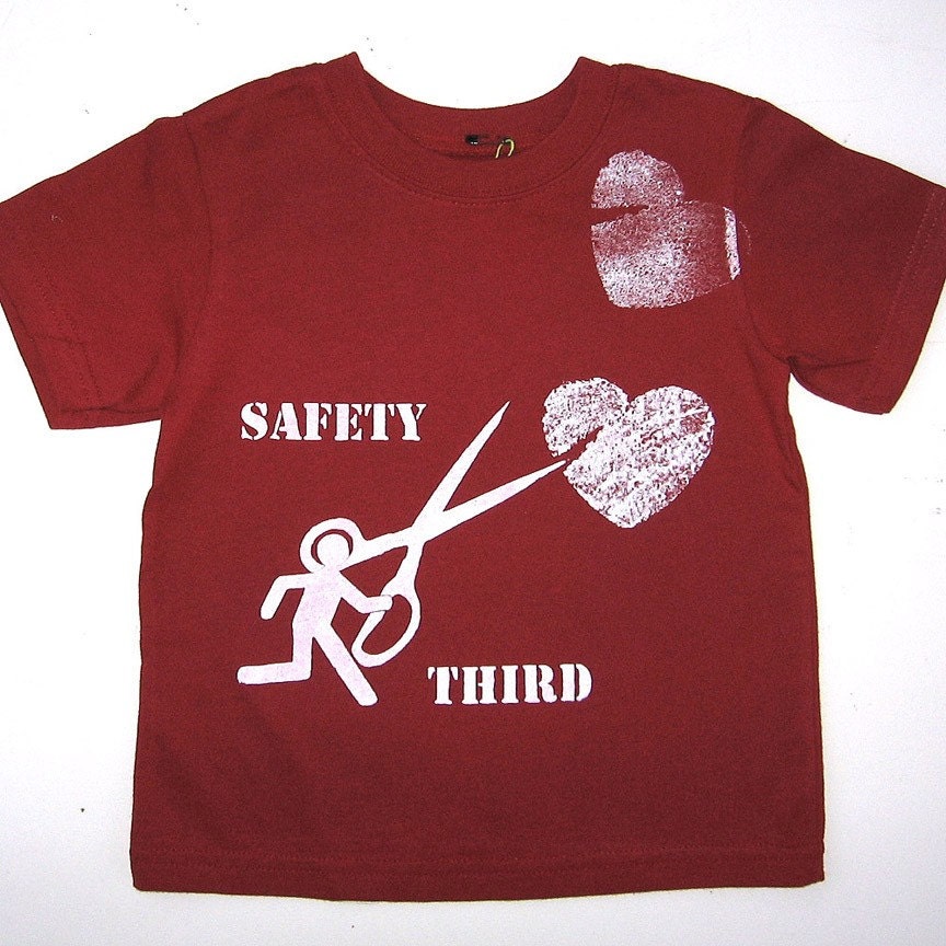 Kids SAFETY THIRD Running with Scissors is Unsafe to Hearts - red valentines tshirt S M L XL boys tshirt  girls Safety 3rd tshirt