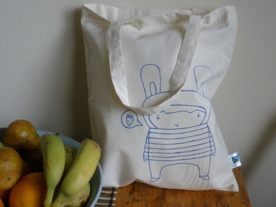 clearance- Rabbit  - Screenprinted Organic Cotton Tote Bag