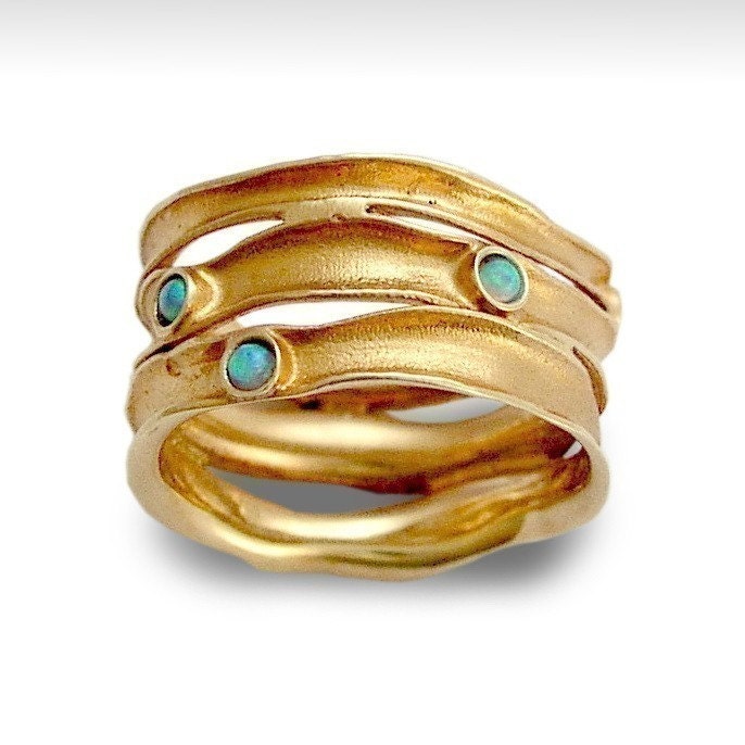 14k rose gold wide gemstones stacking band inlaid blue opals - Rolling stones