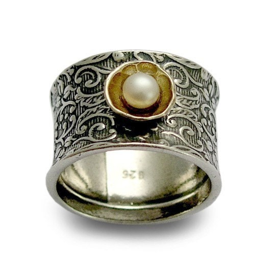 Sterling silver  filigree band with yellow gold and pearl, June birthstone - Superstition