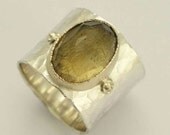 Wide sterling silver engagement rose cut gemstone ring combined gold inlaid smoky quartz - Explore