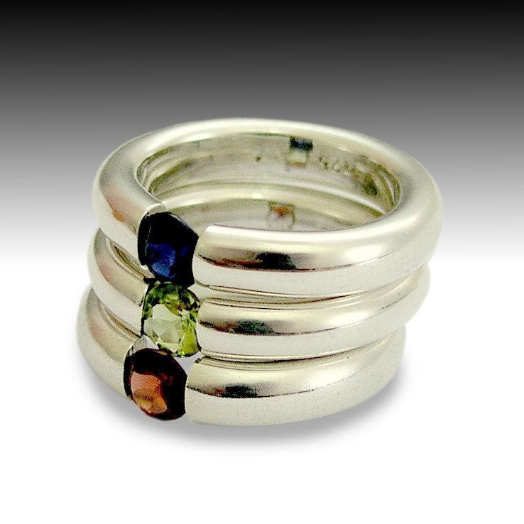 Tension stacking ring - Sterling silver and semi precious stones - set of 3 stacking bands - Technicolor dreams.