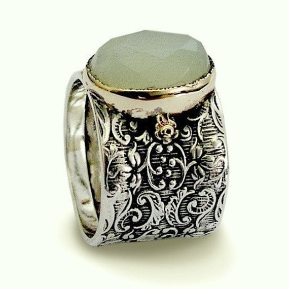Wide sterling silver gemstone ring combined gold inlaid rose cut jade - Green sky