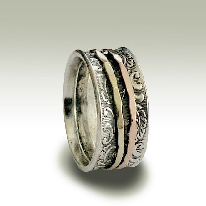 Sterling silver band with filigree deisgn and yellow and rose gold spinners - Ghost of my joy