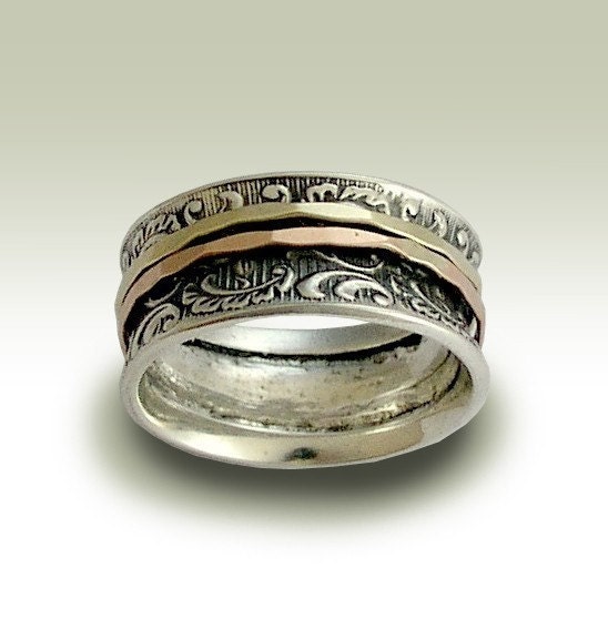 Sterling silver band with filigree deisgn and yellow and rose gold spinners - Ghost of my joy
