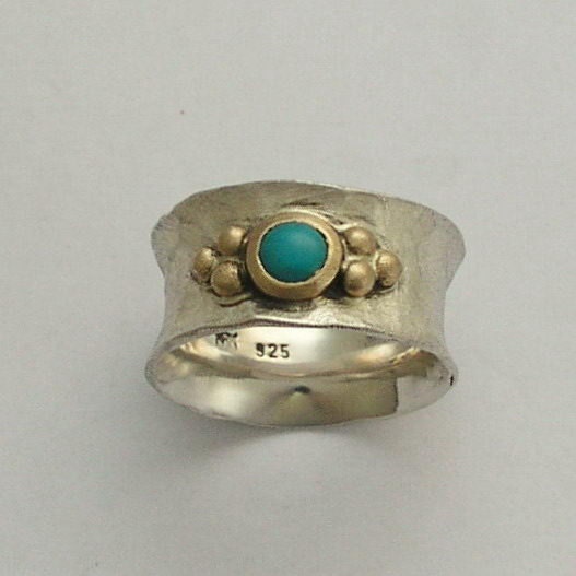 Turquoise gemstone silver band - Sterling silver band with gold and turquoise stone - always yours.