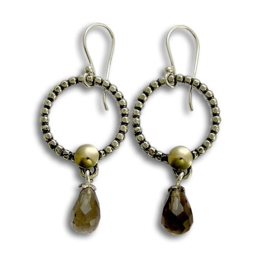 Sterling silver earrings mixed yellow gold and smoky quartz stones - Rain dance