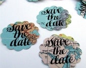 Save the Date Map Stickers, hand lettered vintage atlas stickers, eco friendly weddings, hand calligraphy by KisforCalligraphy