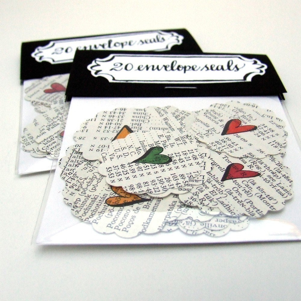 Heart Stickers, 20 hand drawn heart stickers handmade with recycled vintage atlas paper by KisforCalligraphy seal your love notes