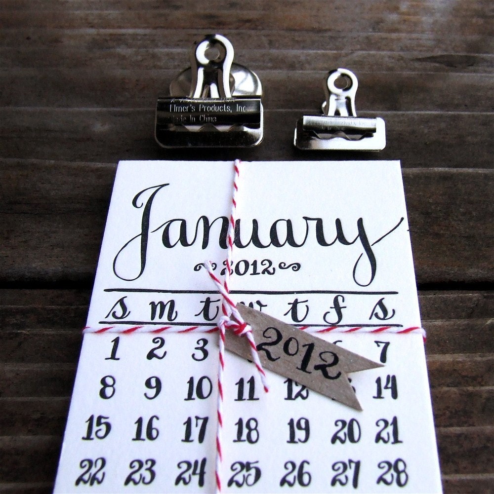 RESERVED for loveseth, 2012 Calendar, Mini Letterpress Calligraphy Calendar for the fridge or memo board