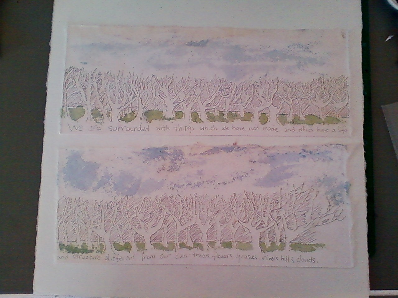 Ink and watercolour landscape drawing on handmade Japanese washi