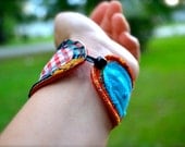 turquoise and red fiber art bracelet cuff - made to order