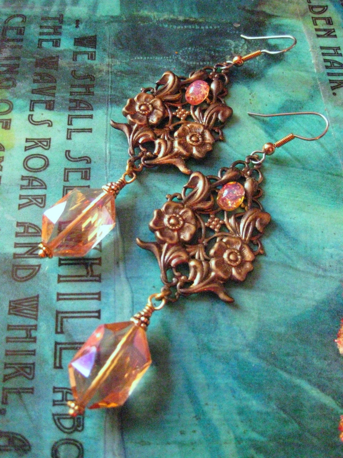 Champagne and Roses - Filigree, Fire Opal and Crystal Earrings