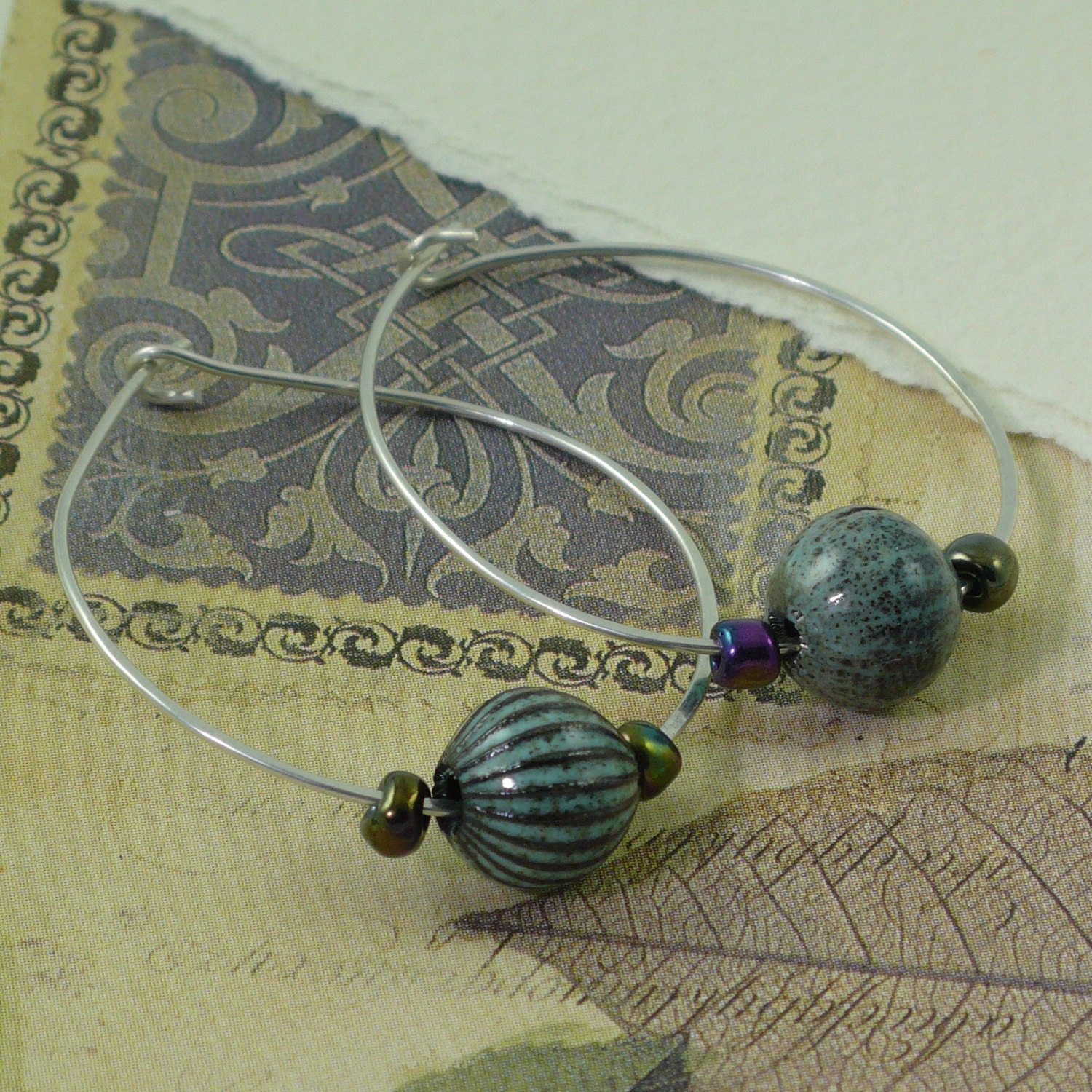 Handmade Powder Blue Enamel Bead and Silver Hoop Earrings