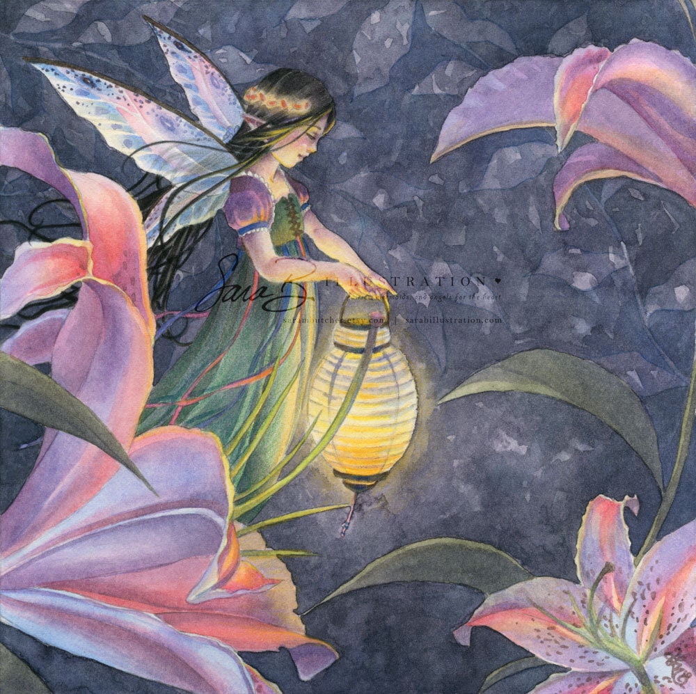 Garden Fairy Art Print - Lamp and Lilies - Garden Art