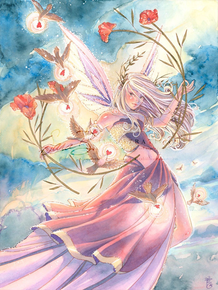Pink Fairy Art Print Delivering Valentines - Flying with Birds, Hearts, and Red Poppies