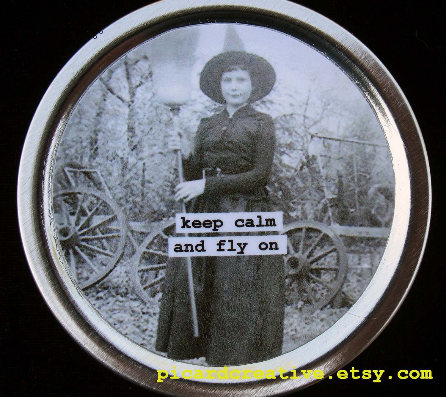 Keep calm and fly on  Vintage Image Magnet. Recycled Tin Can Lid