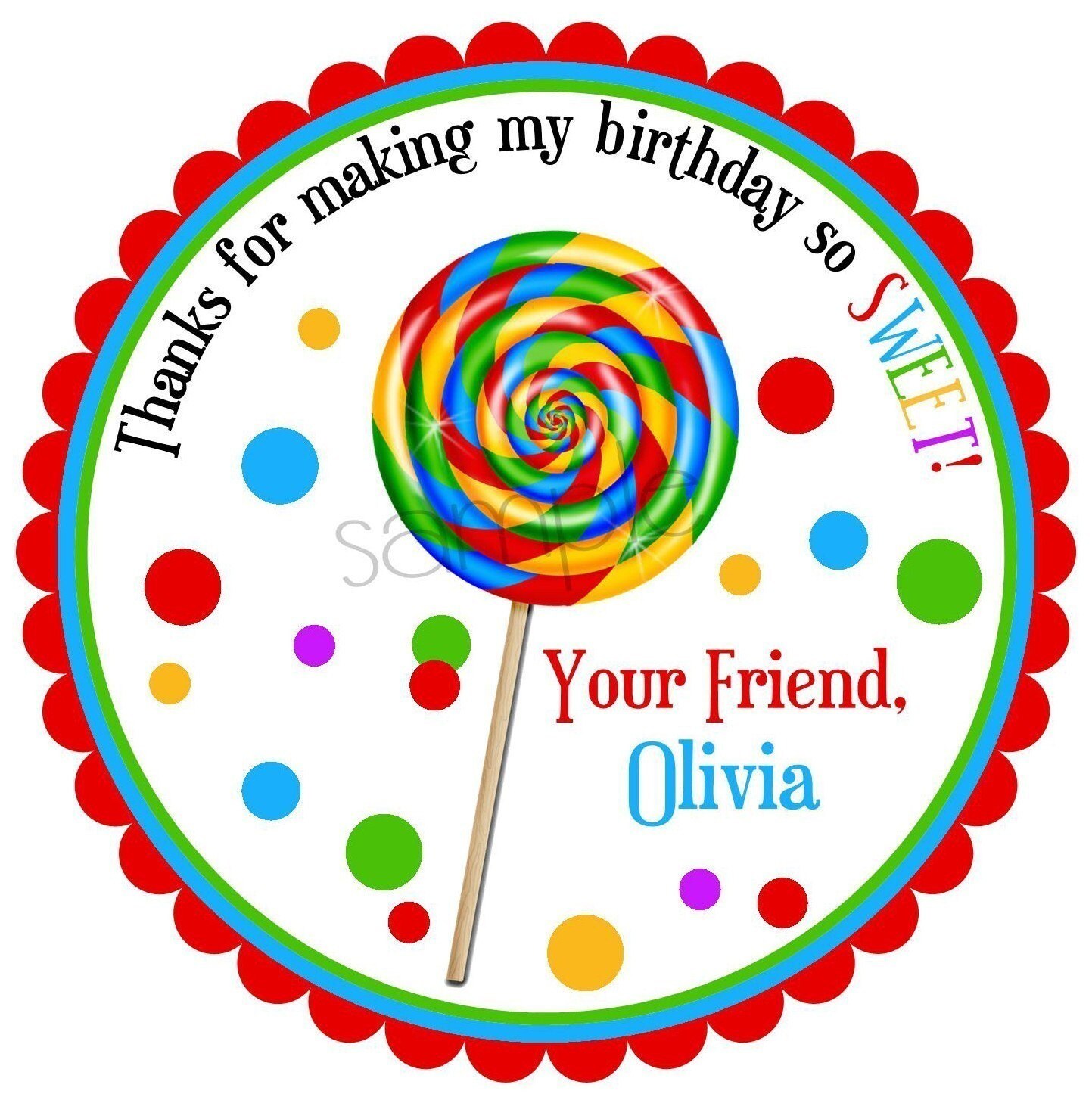 Lollipop stickers, Candyland, Personalized, Sweet Shop Lollipop with Polkadots, PRIMARY COLORS, labels, candy, sweet shop, set of 12 Il_570xn