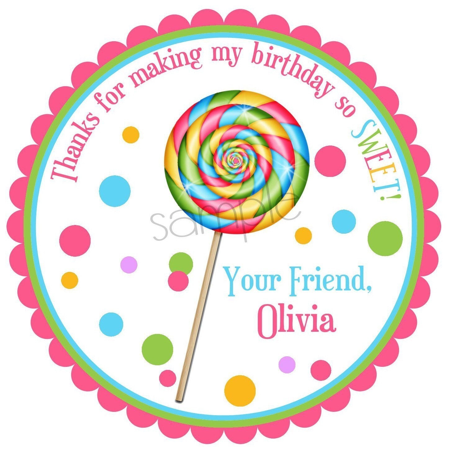 Lollipop Stickers, Sweet Shop Lollipop with Polkadots, HOT COLORS, Personalized stickers, labels, favor, Birthday, party, candy, set of 12 Il_570xn