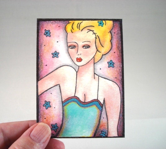 Glamour Girl Art Print, ACEO ATC Art Print, Whimsical Giclee, Original Art Print, Artist Trading Card, Watercolor Illustration Pink Blue