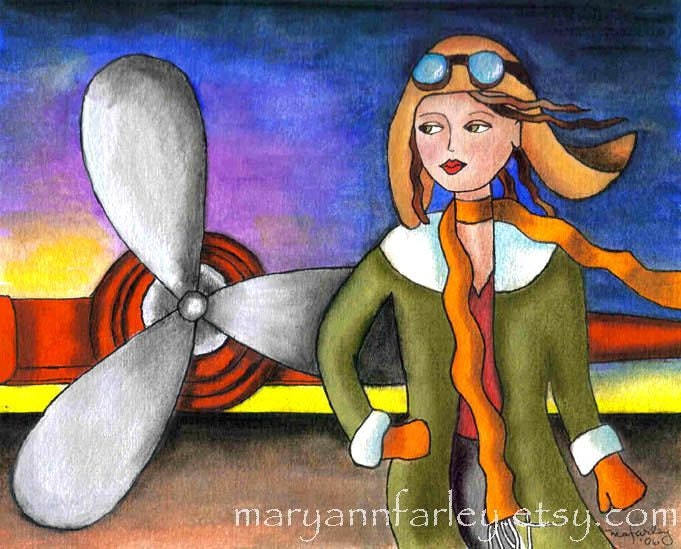 Female Aviator Art Print, Girl Art Print, Whimsical Art Deco, 1920s Aviation Art, Watercolor Mixed Media, 8 x 10, Green Blue